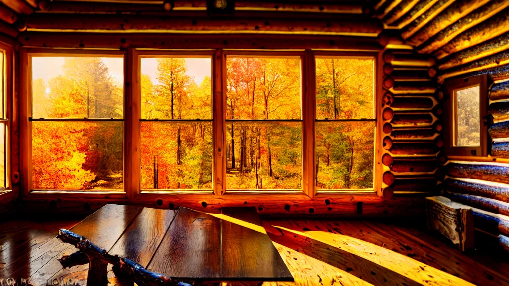 Prompt: inside an old log cabin, the autumn midday light comes in through a window and dimly illuminates the room, softened diffuse light, photorealism, photo taken with canon EOS 5D and 35 mm lens