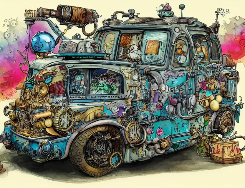 Image similar to cute and funny, a steampunk car with a cabin on top, ratfink style by ed roth, centered award winning watercolor pen illustration, isometric illustration by chihiro iwasaki, edited by range murata, tiny details by artgerm and watercolor girl, sharply focused