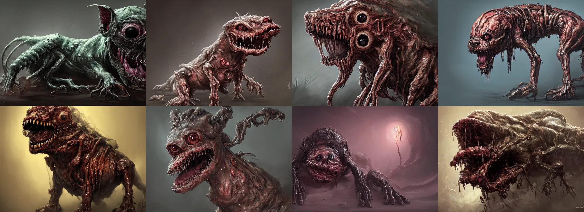 Prompt: a nightmarish slimy monster puppy, with black eyes, rotting flesh, exposed bone, by raf grassetti, concept art, dramatic lighting, highly detailed digital painting