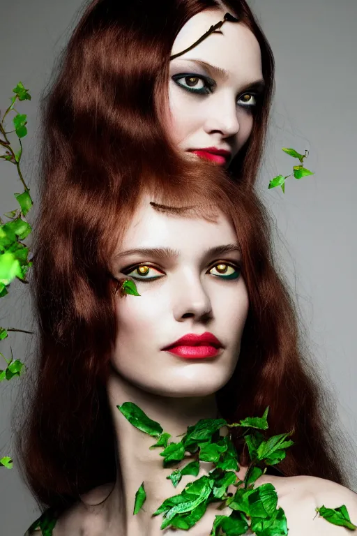 Image similar to A beautiful portrait of Daria Strokous smiling as Poison Ivy from Batman as a Versace fashion model Spring/Summer 2010, highly detailed, in the style of cinematic, Getty images, Milan fashion week backstage, Extreme close up, Makeup by Pat McGrath, Hair by Guido Palau, Greg rutkowski