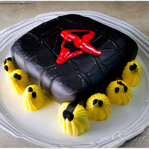 Prompt: edible lifelike Black Widow birthday cake, food photography