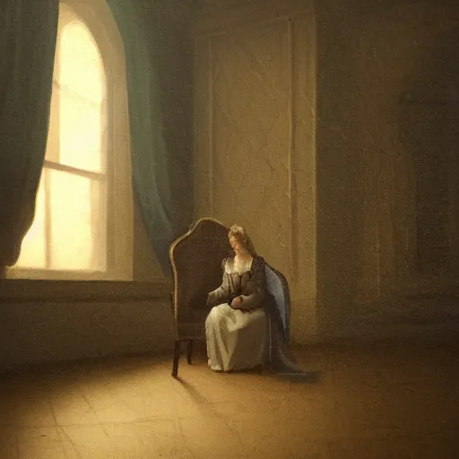Prompt: a woman sitting on a chair inside of a dark, foreboding room, a face is depicted in the background, 1 7 0 0 s oil painting, dark art, vignette, bloom effect, cgsociety, artstation, 4 k, 8 k
