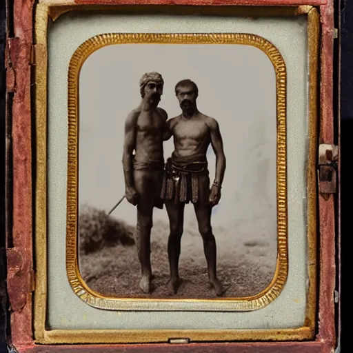 Image similar to spartan man and his helot slave, helot, ancient sparta, daguerreotype photograph, ancient photograph