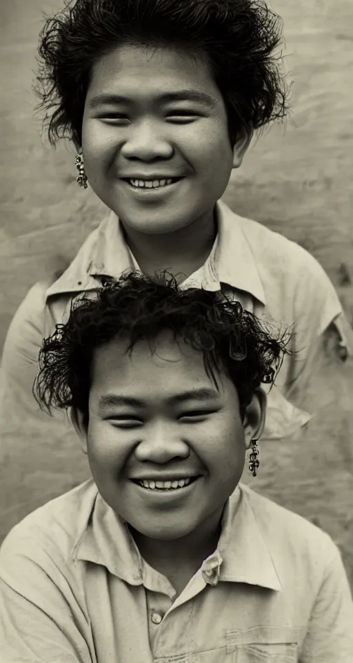 Prompt: close up photograph of a single fat filipino teenage boy smiling with crooked teeth, with a curly perm, and with small studded earings, 4 k, photorealistic, high detail by richard avedon