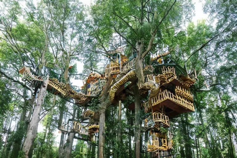 Prompt: an elaborate surreal expansive treehouse maze