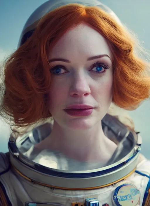 Image similar to photograph portrait of a very pretty!!! christina hendricks in interstellar, symmetric face, petzval lens. out of focus, in an astronaut costume. futuristic helmet with neck protection, space station. by alesio albi and george lucas and stanley kubrick