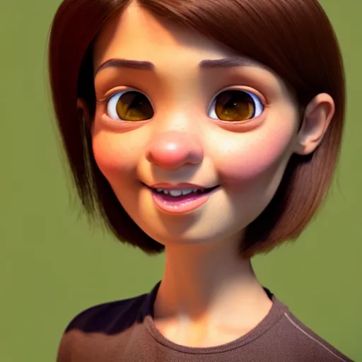 Image similar to A portrait of a woman, a cute 3d cgi toon woman with brown hair in a Bob, brown eyes, full face, olive skin, romanian heritage, medium shot, mid-shot, hyperdetailed, 8k, trending on artstation, as a Pixar character