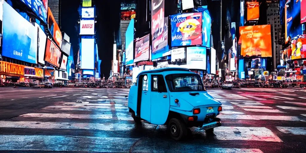 Image similar to a blue and white tuk tuk in Times Square at night, highly detailed, hazy, cloudy, intense neon lighting, matte painting, concept art, 4k