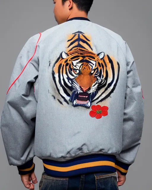 Image similar to photo back of a man wearing baseball jacket with a big japanese tiger and flowers embrodery, dark hangar background, centered, studio lighting, 1 5 0 mm