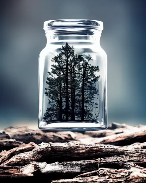 Prompt: glass jar with a burning forest inside, standing on a rock at the sea, bokeh, dark background, dramatic lighting, hyperrealistic, volumentric lighting, highly detailed