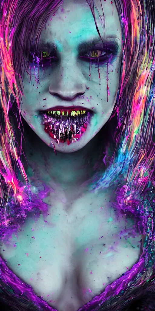 Prompt: impossibly beautiful vampire with large vampire fangs, magic, hypnosis, full body, intricate complexity, horror, psychedelic glitch art, rainbow drip paint, trending on art station, photoreal, 8k, octane render