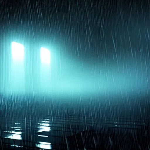 Image similar to Technological Anguish, wet, rain, wetcore, cyberpunk, Art-deco, volumetric lighting, volumetric fog, rtx, Weta Digital, 8k