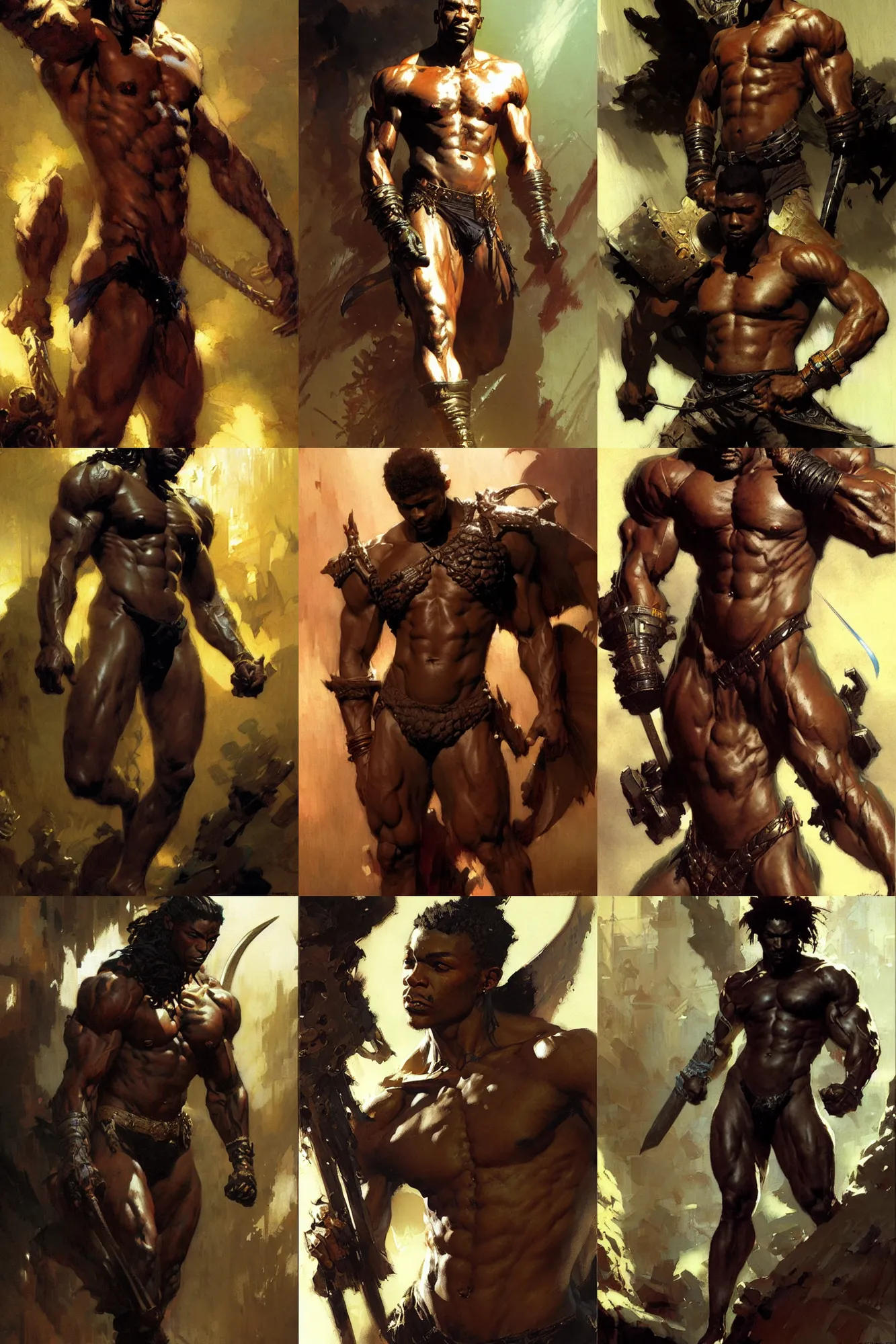 Prompt: black young handsome male dnd, muscle, painting by gaston bussiere, craig mullins, greg rutkowski, yoji shinkawa