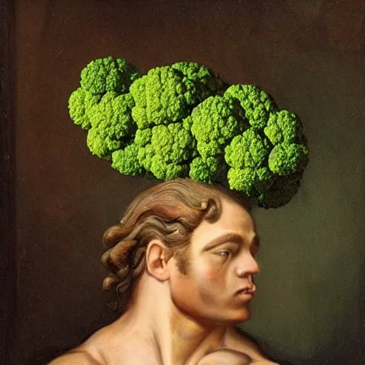 Image similar to a bodybuilder with a broccoli head in Rococo art