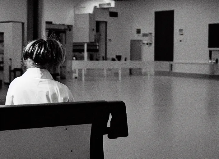 Image similar to a 3 5 mm photo from the back of a woman wearing a white lab coat sitting at a bench in a laboratory, bokeh, canon 5 0 mm, cinematic lighting, dramatic, film, photography, golden hour, depth of field, award - winning, 3 5 mm film grain, retro, film, kodachrome, closeup