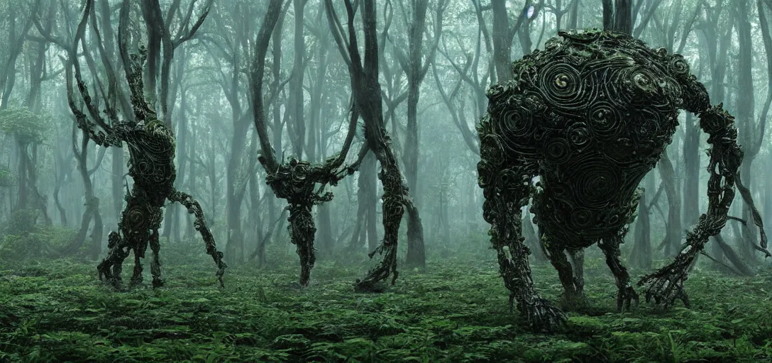 Image similar to a complex organic fractal 3 d metallic symbiotic ceramic humanoid megastructure creature in a swampy lush forest, foggy, cinematic shot, photo still from movie by denis villeneuve, wayne barlowe