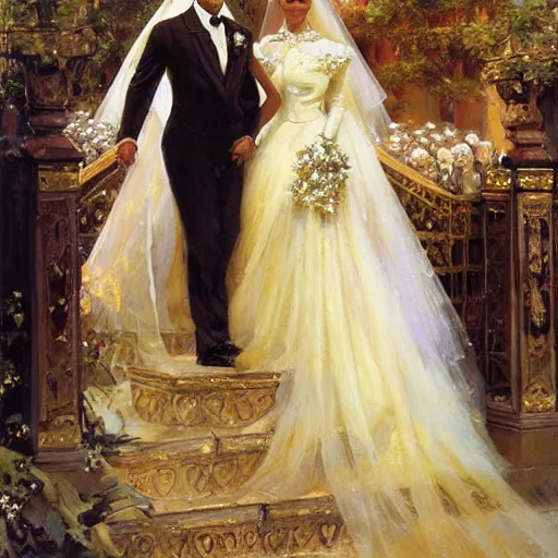 Image similar to detailed painting of attractive prince william marrying attractive audrey hepburn, highly detailed painting by gaston bussiere, craig mullins, j. c. leyendecker 8 k, smiling couple, royal painting, human face