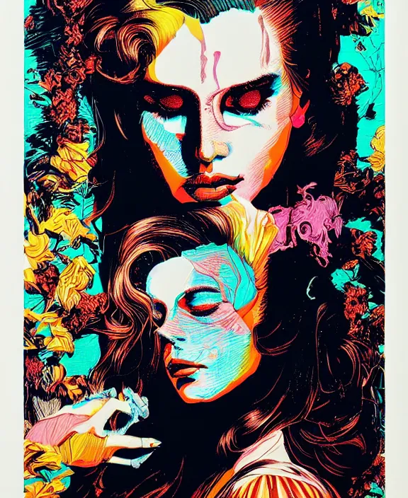 Image similar to lana del rey by tristan eaton, victo ngai, triadic color scheme, edward hopper, beksinski, nicola samori, hyperrealism, intricate detailed, risograph