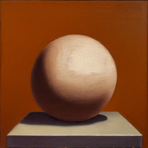 Image similar to oil painting of a spherical rough boulder on a pedestal with a match stick in its side, brown background