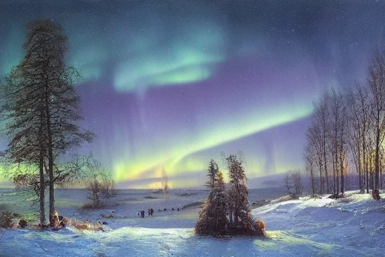 Image similar to beautiful nature, winter, night, norhtern lights, aurora borealis, hyperdetailed, focused, cinematic lighting, oil painting, colorful, canvas, artstation, Albert Bierstadt, Hans Dahl, Theodor Kittelsen, Hermann Hendrich, Konstantin Yakovlevich Kryzhitsky