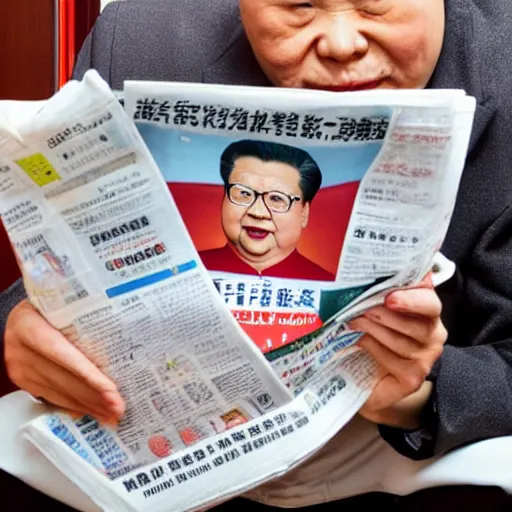 Prompt: Li Xin Jinping sitting on the toilet reading news paper, realistic detailed photography