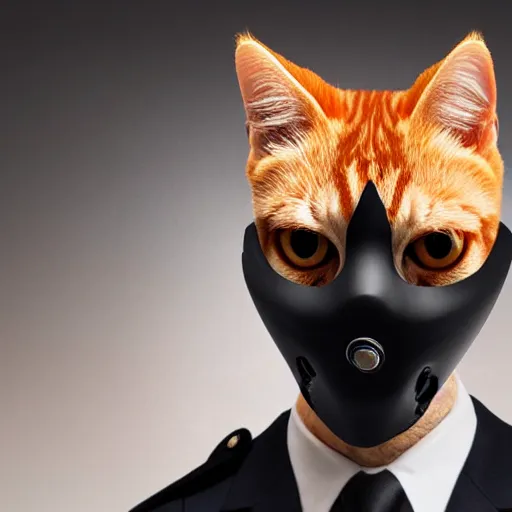 Image similar to high quality photo of a man in a police officer uniform wearing a latex mask of a realistic looking orange/white tabby cat on a dark bg, lit from below by James Jean, natural lighting