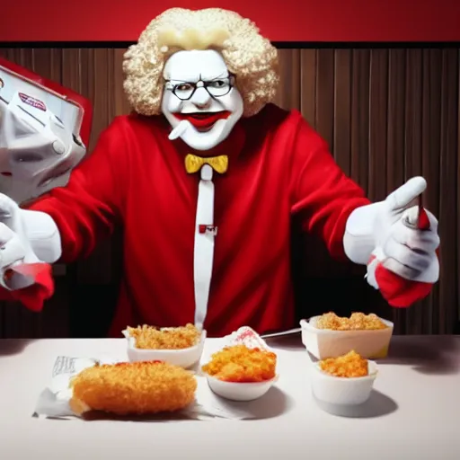Prompt: A still of Ronald McDonald eating at KFC, 4k, photograph, ultra realistic, highly detailed, studio lighting