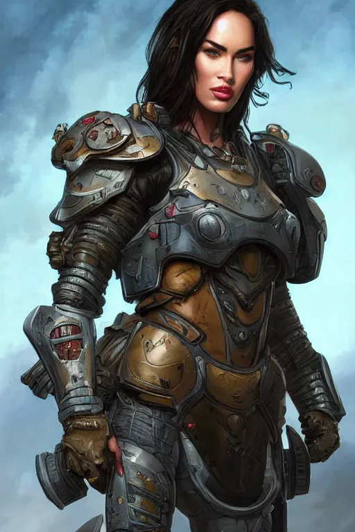 Prompt: Megan Fox in Apex Legends Armor dropping into battle character digital illustration portrait design by, Mark Brooks and Brad Kunkle detailed, gorgeous lighting, wide angle dynamic portrait