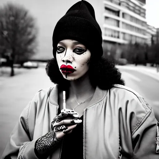 Image similar to portrait of a mixed woman smoking a cigarette, face tattoos, black beanie, black bomber jacket, urban environment, depth of field