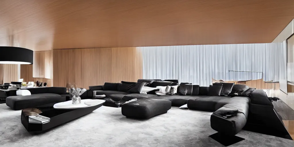 Image similar to living room designed by zaha hadid with wood paneling, futuristic furniture, led lighting, minimalist interior design, modern architecture, photography