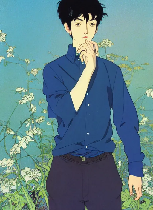 Image similar to handsome young man with short black hair, male, dressed in blue, half body shot, arms folded, path traced, highly detailed, high quality, digital painting, by studio ghibli and alphonse mucha, leesha hannigan, hidari, art nouveau, chiho aoshima, posuka demizu, atey ghailan, artgerm, ayami kojima