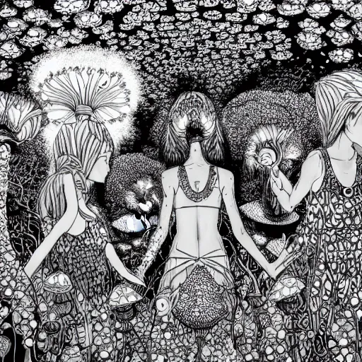 Image similar to mushroom goddess with group of elders, discussing the new season of friends, cynical realism, hiroya oku intricate penwork, yoshitaka amano, chris cunningham, black and white, beautiful lighting, manga in the style of drummond, 3 d render, 8 k