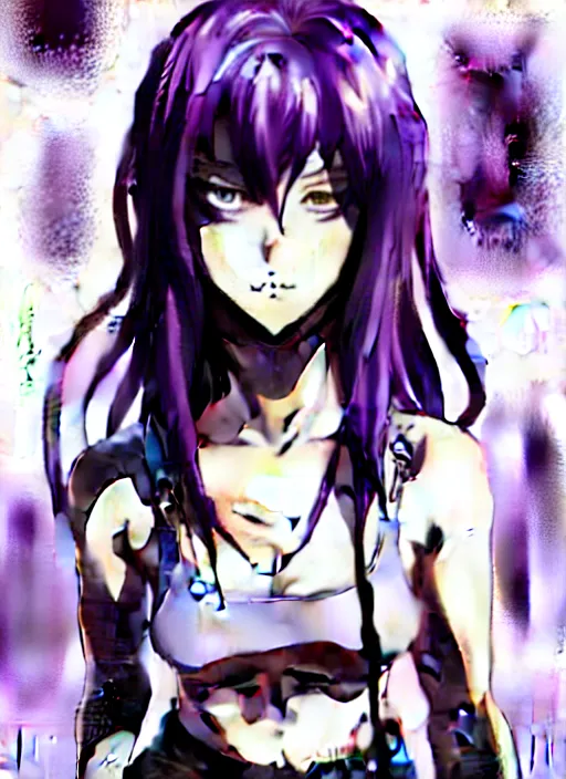 Image similar to style of madhouse studio anime, rei hiroe black lagoon manga, loish, artgerm, joshua middleton comic art, portrait of revy from black lagoon, purple hair, symmetrical eyes and symmetrical face, jean shorts, white tank top, waist up, sarcastic evil smirk on face, natural lighting, sky and ocean background