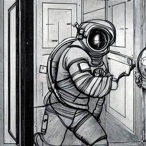 Prompt: photo - realism, space astronaut opening door that shows space and time created by leonardo davinci with extra detail, epic.