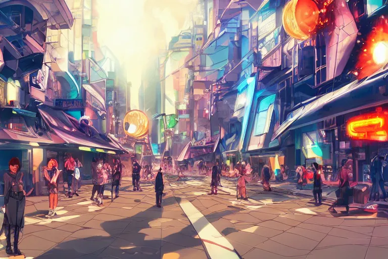 Image similar to futuristic city street with people fighting, anime