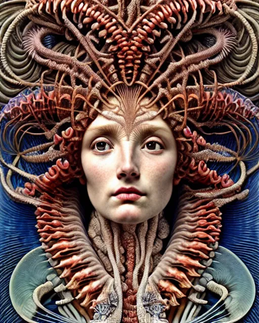 Image similar to hyperrealistic detailed face side portrait of the beautiful goddess of the fish skeletons with an intricate headgear of corals, sea kelp, sea plants, fish, starfish, jellyfish, art by ernst haeckel, john william godward, android jones, alphonso mucha, h. r. giger, gothic - cyberpunk, ornamental, beautiful deep colours,