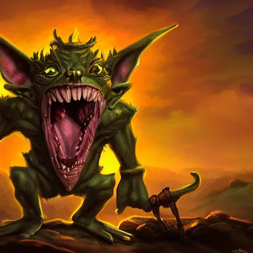 Image similar to a highly detailed goblin with dark skin and yellow eyes that glow, Like magic the gathering, goblin chainwalker, with a volcano in the background, digital art, by Christopher rush