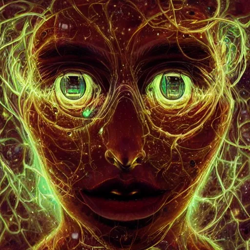 Prompt: transcendent eldritch being, glowing tears, beautiful laughter, cosmic imagery, intense emotion, emotional concept art, photography hyperrealism, detailed eyes, glitch! art, fractal