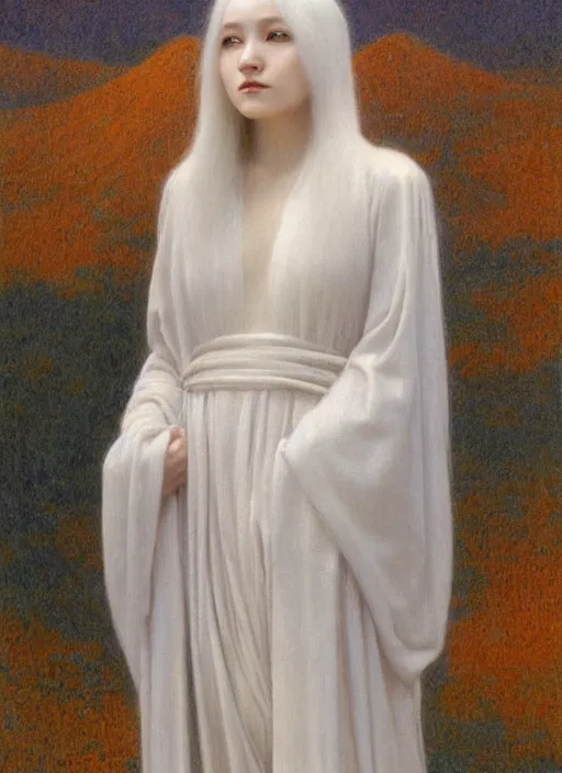 Image similar to thin young beautiful girl with silver hair, pale!, wearing white robes!, wearing hair, golden goddess, young cute wan korean face, silver hair!!, oil on canvas, style of jean delville, 4 k resolution, aesthetic!,