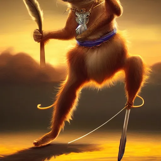 Prompt: anthropomorphic Rat with a filigran golden diadem that has a golden feather sticking out from it, in an action pose, with epee in hand, sunset lighting, trending on Artstation