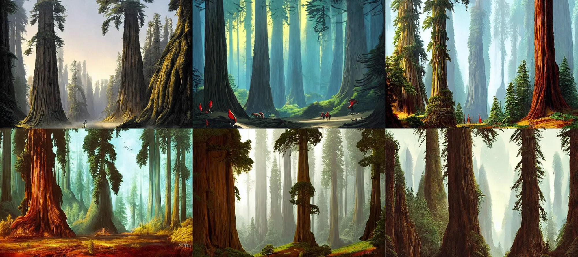 Prompt: Redwood forest in the style of Dr. Seuss, starships, painting by Raphael Lacoste