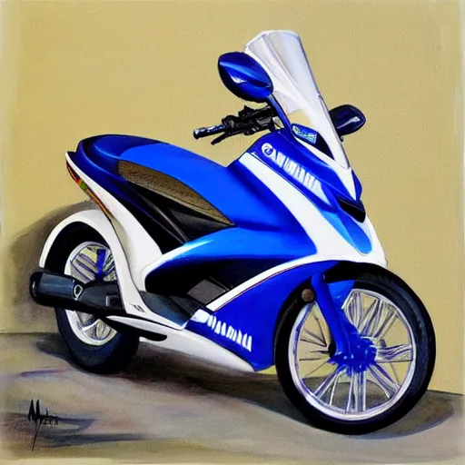 Image similar to painting of tuned blue yamaha aerox 7 5 ccm, race style, custom scooter, in the style of artgerm