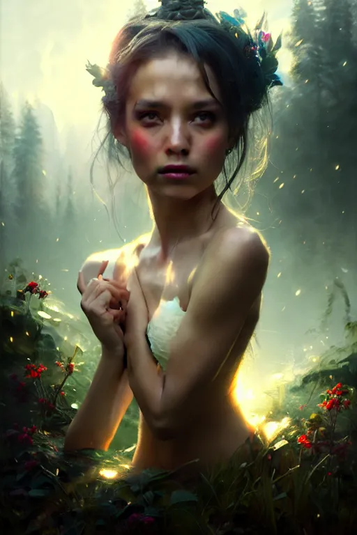 Image similar to cinematic shot of an epic portrait of a fairy dressed in military clothes, shiny skin, beautiful eyes, beautiful, small details, night setting, realistic poster with volumetric light from craig mallism, artgerm, jeremy lipkin and michael garmash, unreal engine, radiant light, detailed and complex environment, digital art, trends at art station, a masterpiece