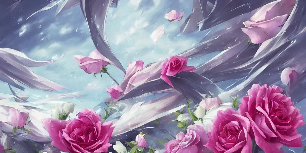 Image similar to background art of flying longswords flowing slicing through a bouquet of white and pink roses, big puffy clouds, sharp rain, large rose petals, lotus petals, large polygonal background elements, large polygons, dramatic anime, dramatic lighting, artgerm, manga, trending on artstation, art nouveau, mature colors