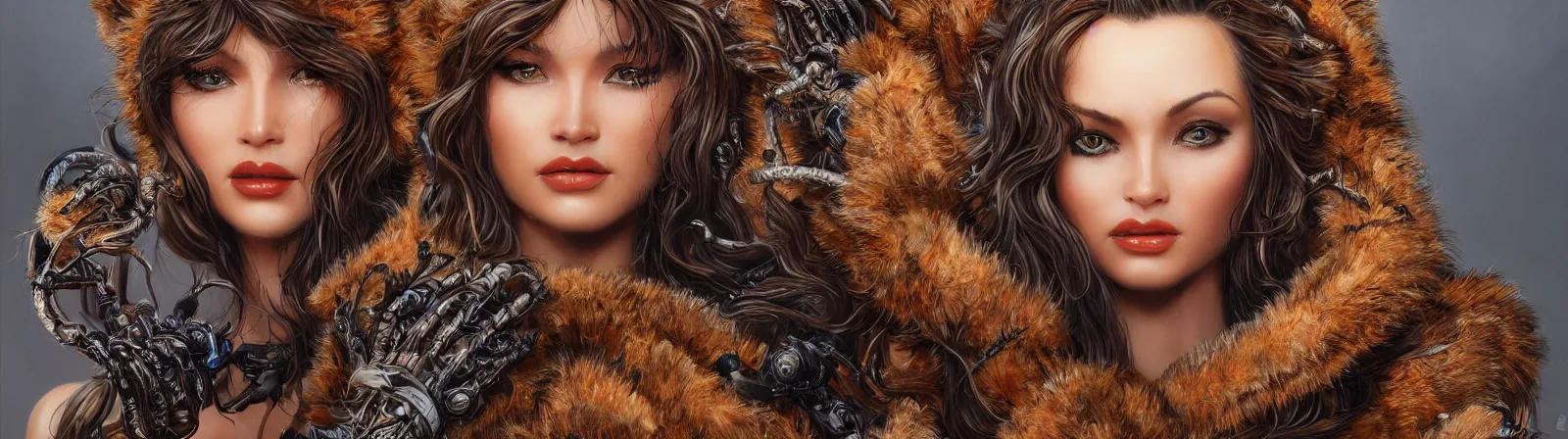 Image similar to beauty woman wrapped in bear fur, snakes for hair, detailed face, surrounded by spiders, very detailed, dramatic lighting, detailed mechanical hands, electrical details, high details, 4k, 8k, trending on artstation, by Hajime Sorayama and Boris Vallejo