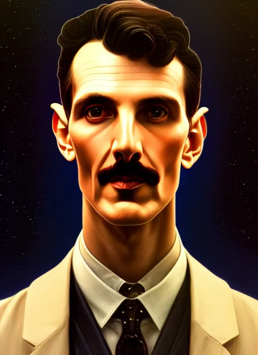 Image similar to symmetry!! portrait of nikola tesla male, chemisty, sci - fi, glowing lights!! intricate, elegant, highly detailed, digital painting, artstation, concept art, smooth, sharp focus, illustration, art by artgerm and greg rutkowski and alphonse mucha, 8 k