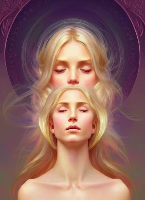 Image similar to perfectly feminine face meditation!! murky lighting, wind blowing, full body portrait of young fairy goddess blessed by nature with ever - increasing physical mental perfection, blonde, symmetrical! intricate, sensual, highly detailed, biblical divine holy perfection!! digital painting, artstation, concept art, smooth, sharp focus, by artgerm and greg rutkowski and alphonse mucha