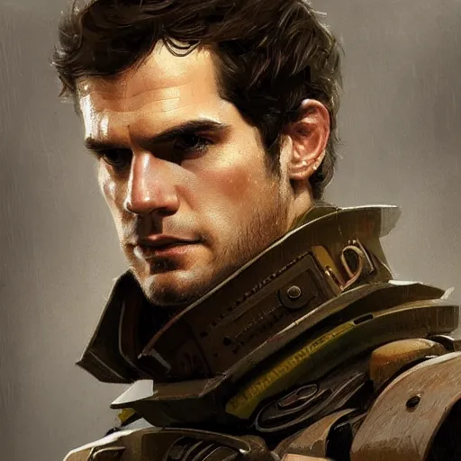 Image similar to portrait of a man by greg rutkowski, he looks like henry cavill, he is wearing a dieselpunk tactical armor gear, highly detailed portrait, digital painting, artstation, concept art, smooth, sharp foccus ilustration, artstation hq