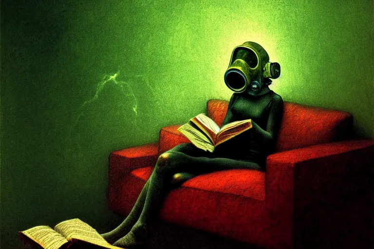 Prompt: girl with wearing a gas mask lying on the sofa reading a book in her room, in the style of beksinski, naturecore, atmospheric, intricate and epic composition, green by caravaggio, insanely quality, highly detailed, masterpiece, white light, artstation, 4 k