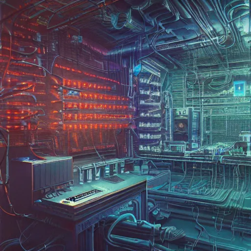 Image similar to an immaculate octane redshift concept art render of the nexus of a vast modern computing center and a mad alchemist\'s lab with exposed circuit boards, nixie tubes and tesla coils by Zdzisław Beksiński and beeple, beautiful modern colors, ultradetailed, 4k ultra